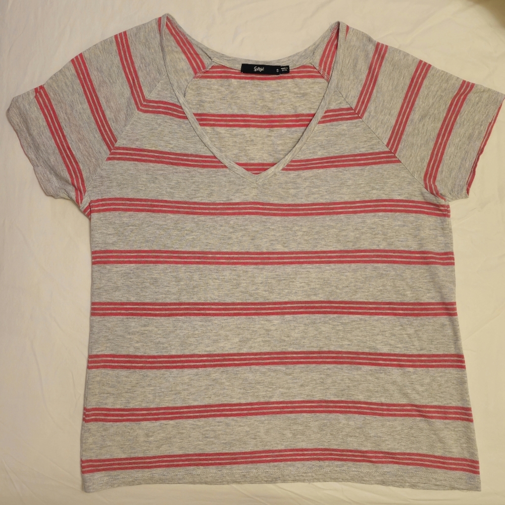Sportsgirl Heather Grey and Pink Striped V-Neck Tee, Small